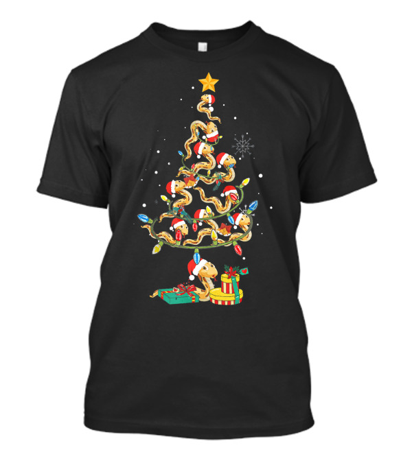 Python Snake Christmas Tree With Santa Hats And Colorful Lights T-Shirt