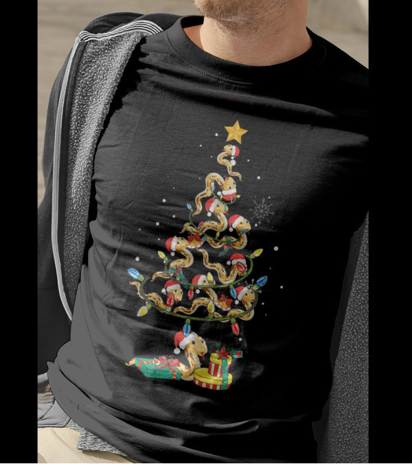 Python Snake Christmas Tree With Santa Hats And Colorful Lights T-Shirt