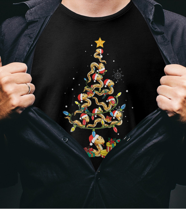 Python Snake Christmas Tree With Santa Hats And Colorful Lights T-Shirt