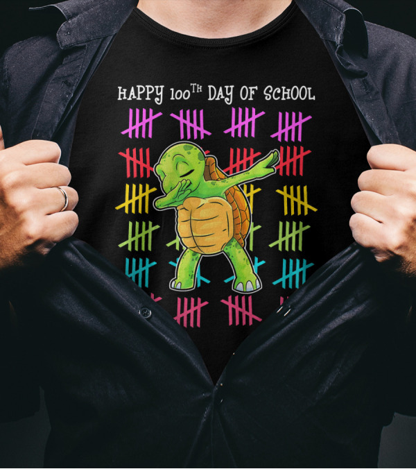 HAPPY 100TH DAY OF SCHOOL For Tor Dabbing Turtle With Colorful Tally Marks T-Shirt