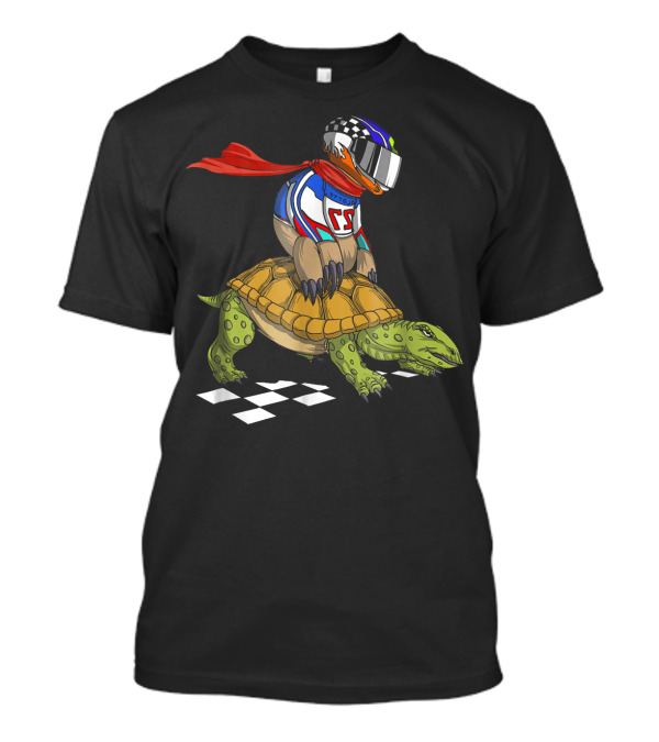 Funny Sloth Racer Riding Turtle Tortoise With Racing Helmet And Checkered Finish Line T-Shirt