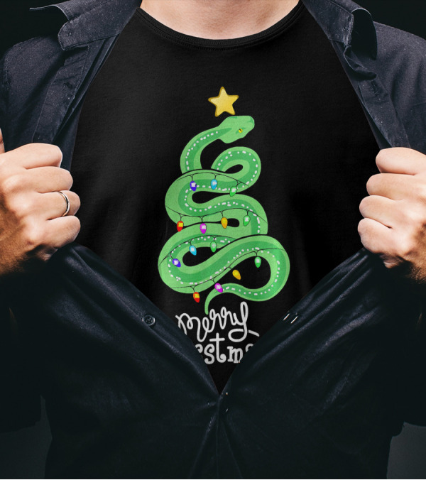 Merry Hisstmass Python Snake With Christmas Lights T-Shirt