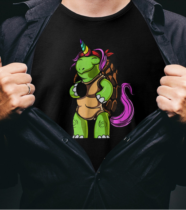 Funny Turtle Unicorn Tortoise With Rainbow Horn And Pink Mane T-Shirt