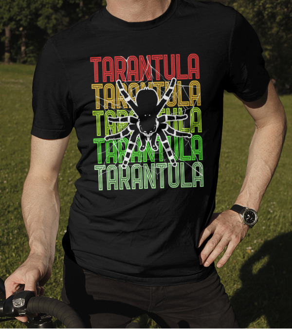 Tarantula Insect Cobweb Letters Red Yellow Green T-Shirt