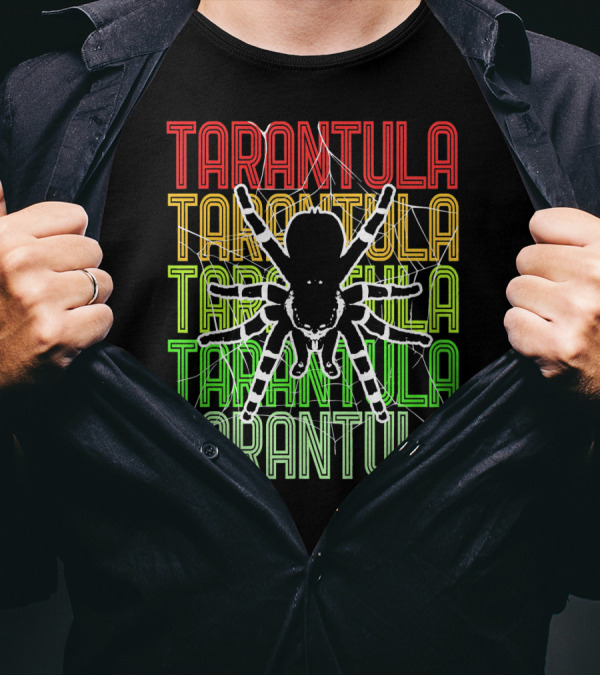 Tarantula Insect Cobweb Letters Red Yellow Green T-Shirt