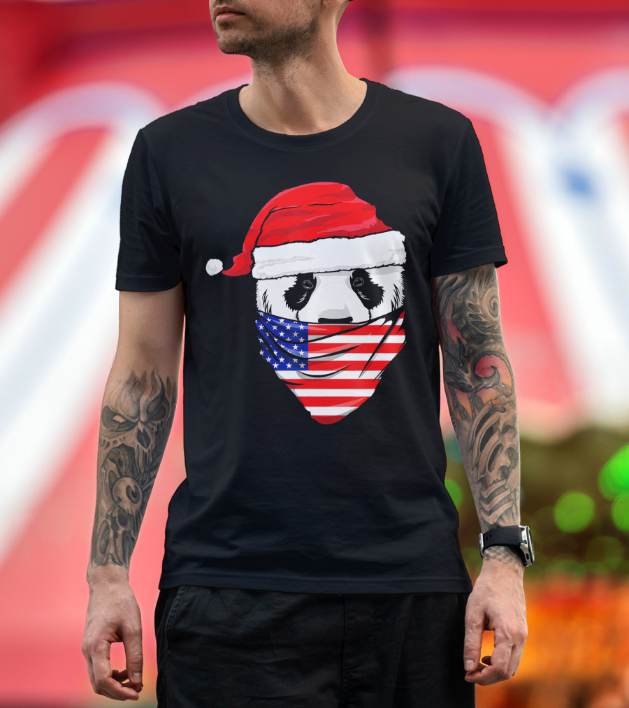 Panda Wearing Santa Hat and American Flag Bandana T-Shirt