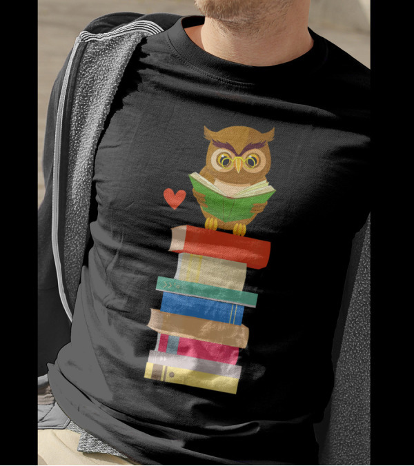 Owl Book Nerd With Stacked Books Reading Teacher Student T-Shirt