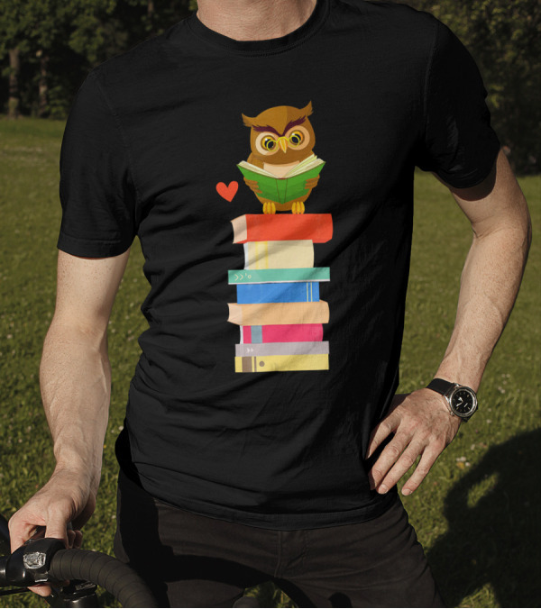 Owl Book Nerd With Stacked Books Reading Teacher Student T-Shirt