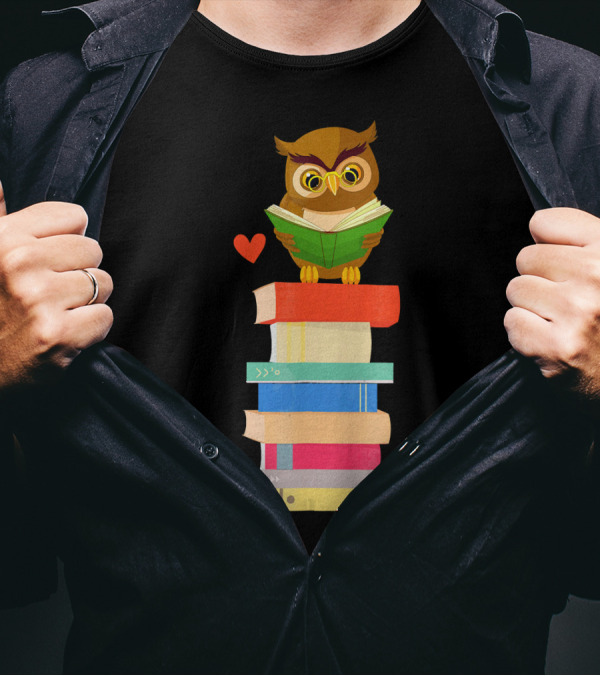 Owl Book Nerd With Stacked Books Reading Teacher Student T-Shirt