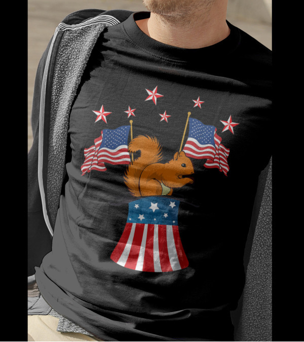 Magic Squirrel In Top Hat With American Flags And Stars For 14th Of July T-Shirt