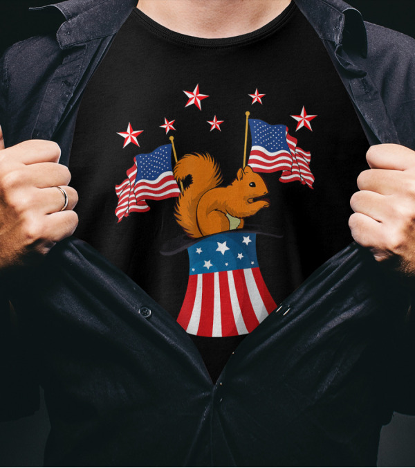 Magic Squirrel In Top Hat With American Flags And Stars For 14th Of July T-Shirt