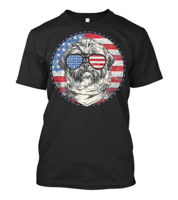 American Flag Shih Tzu Independence Day Patriotic Sunglasses T-Shirt