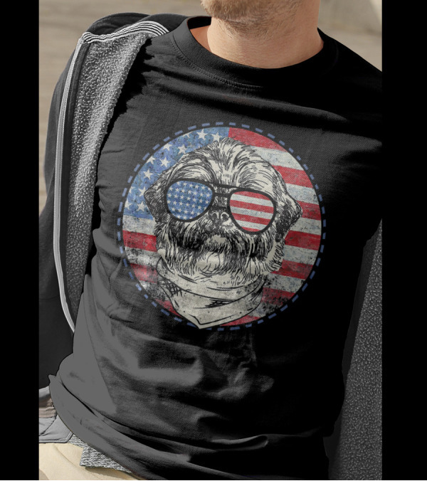 American Flag Shih Tzu Independence Day Patriotic Sunglasses T-Shirt
