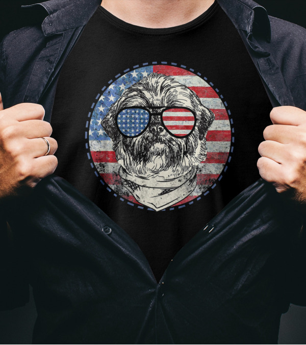 American Flag Shih Tzu Independence Day Patriotic Sunglasses T-Shirt