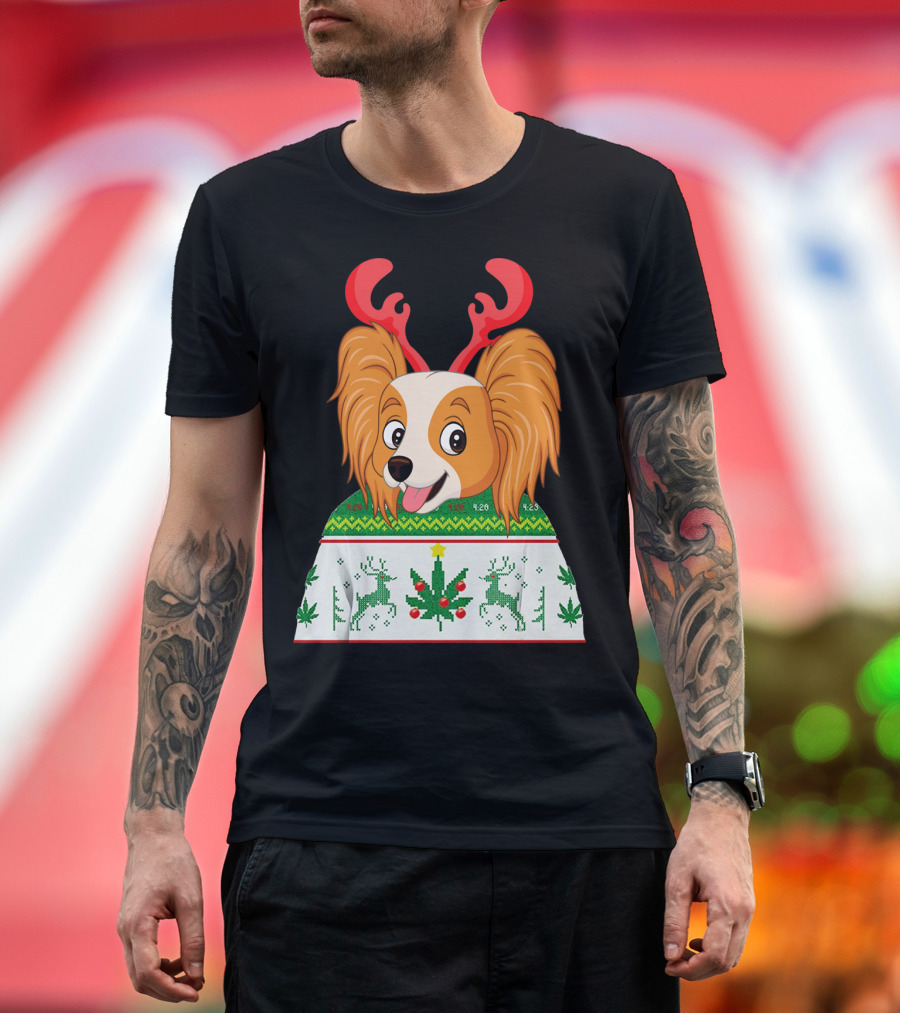 Papillon Ugly Christmas Dog with Antlers Reindeer Cannabis Weed Xmas T-Shirt