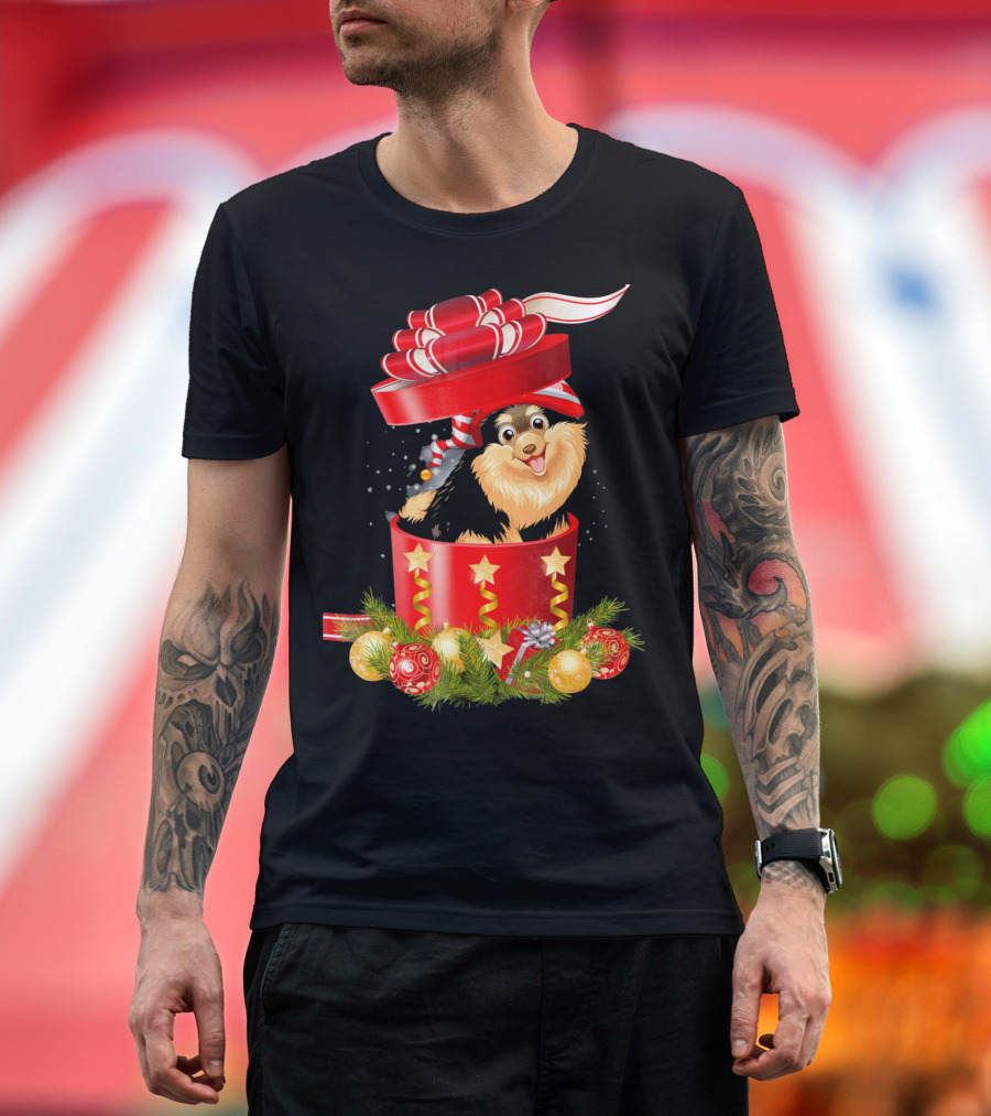 Pomeranian Puppy in Festive Christmas Gift Box with Ribbon and Ornaments T-Shirt
