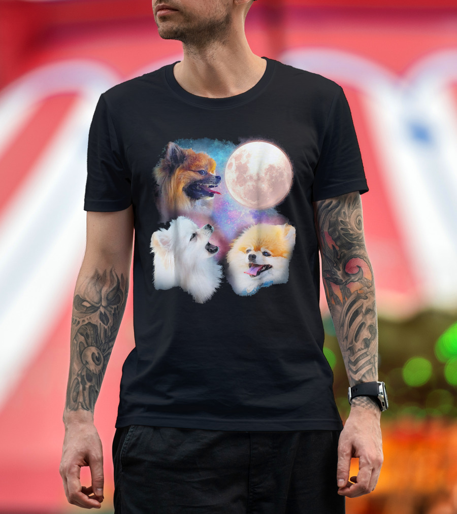 Pomeranian Trio Howling at Full Moon T-Shirt