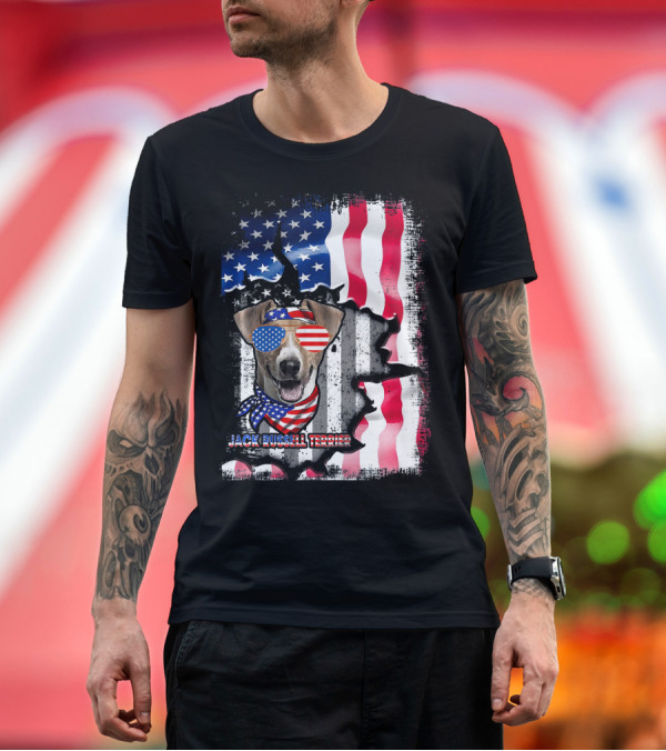 Premium T-Shirt: Jack Russell Terrier American Flag Sunglasses and Bandana Patriotic T-Shirt Jack Russell Terrier American Flag Sunglasses and Bandana Patriotic T-Shirt