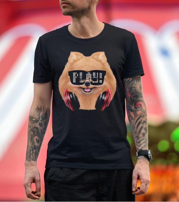 Premium T-Shirt: Pomeranian Dog DJ with Play Sunglasses and Headphones T-Shirt Pomeranian Dog DJ with Play Sunglasses and Headphones T-Shirt