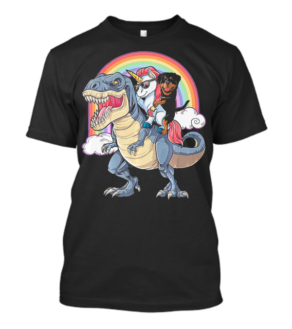 Rottweiler And Unicorn Ride Rex With Rainbow Clouds T-Shirt