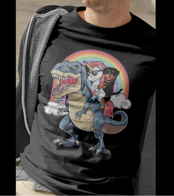 Rottweiler And Unicorn Ride Rex With Rainbow Clouds T-Shirt