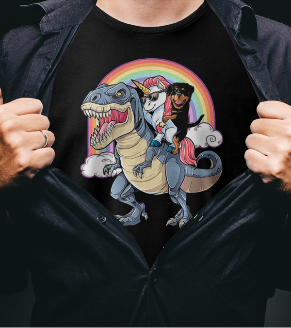 Rottweiler And Unicorn Ride Rex With Rainbow Clouds T-Shirt