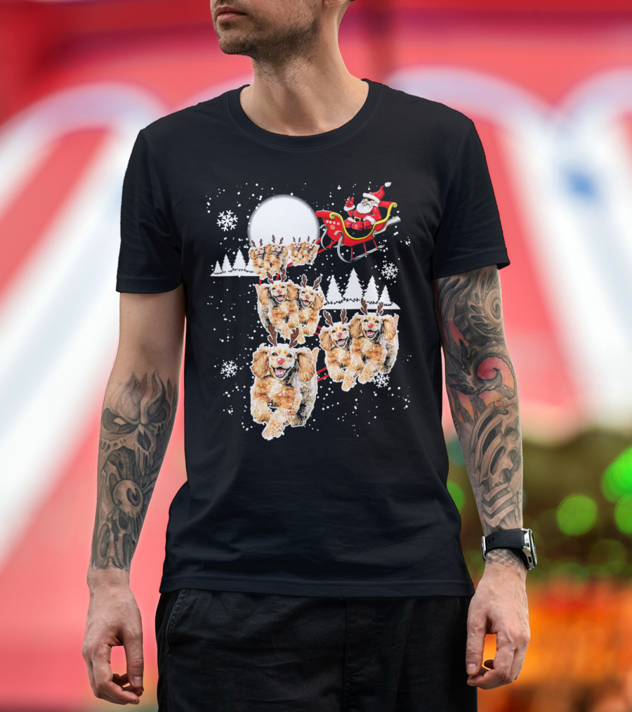 Santa Riding Cocker Spaniel Reindeer Team Sled Moon Snowflakes T-Shirt