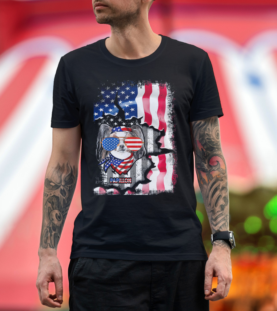 Papillon Dog Lover Fun American USA Flag Sunglasses and Scarf T-Shirt