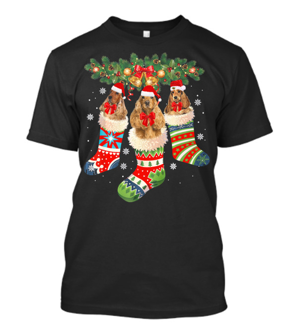 Christmas Cocker Spaniels In Festive Holiday Stockings With Santa Hats And Bows T-Shirt