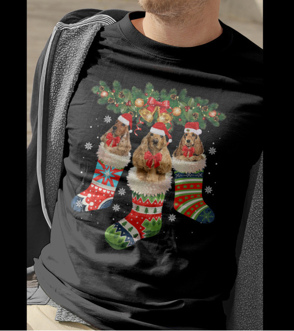 Christmas Cocker Spaniels In Festive Holiday Stockings With Santa Hats And Bows T-Shirt