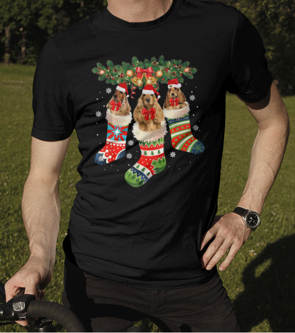 Christmas Cocker Spaniels In Festive Holiday Stockings With Santa Hats And Bows T-Shirt