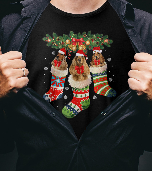 Christmas Cocker Spaniels In Festive Holiday Stockings With Santa Hats And Bows T-Shirt