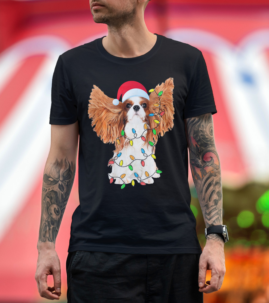 Christmas Cavalier King Charles Spaniel Santa Hat String Lights T-Shirt