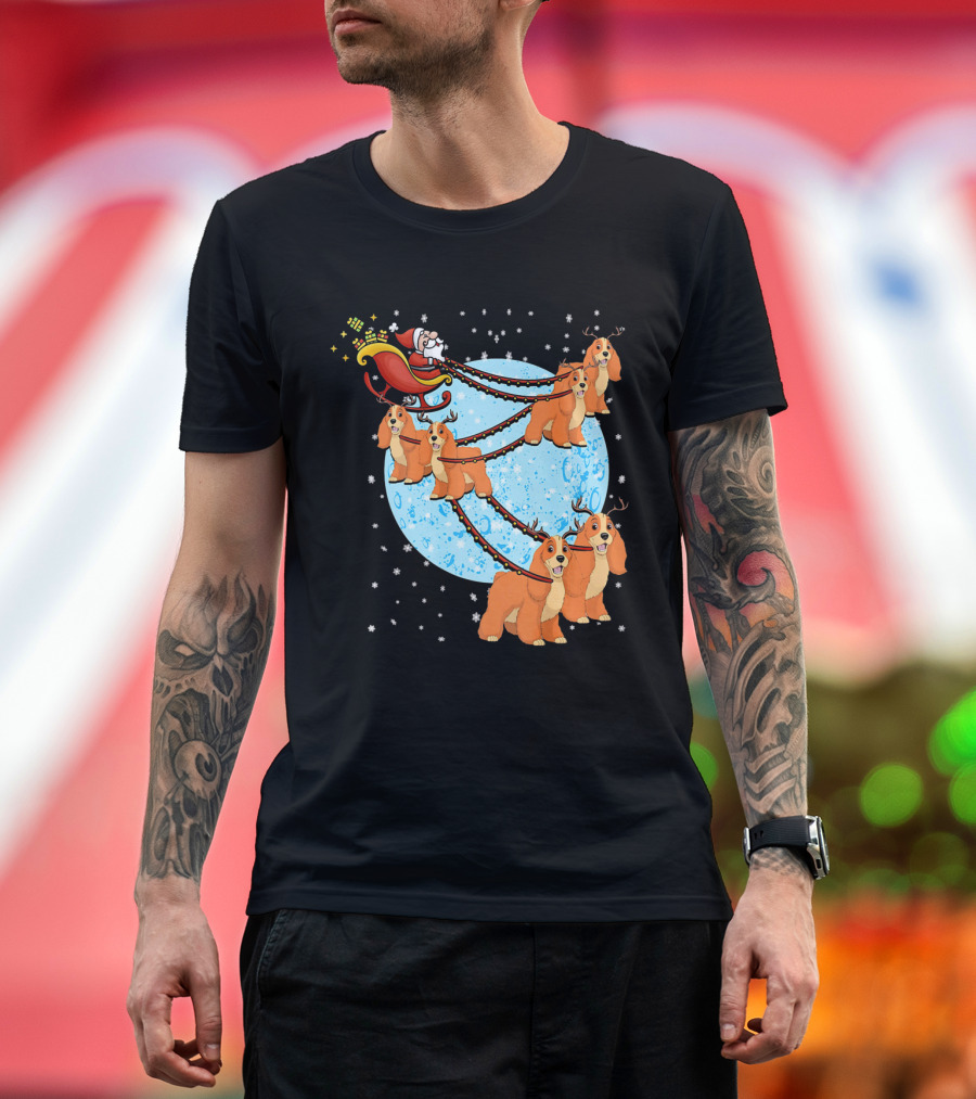 Santa Sleigh with Cocker Spaniel Reindeer by Moonlight T-Shirt