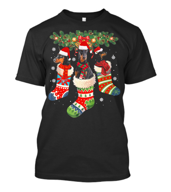 Three Doberman In Christmas Stockings With Santa Hats And Festive Decorations T-Shirt