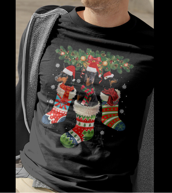 Three Doberman In Christmas Stockings With Santa Hats And Festive Decorations T-Shirt