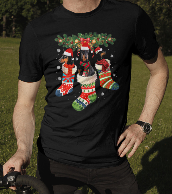 Three Doberman In Christmas Stockings With Santa Hats And Festive Decorations T-Shirt