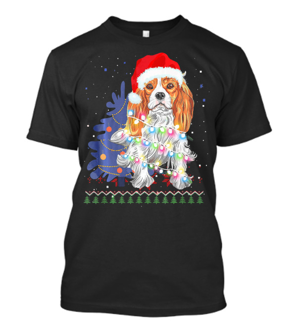 Santa Hat Cocker Spaniel With Christmas Lights And Tree T-Shirt