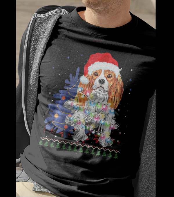 Santa Hat Cocker Spaniel With Christmas Lights And Tree T-Shirt