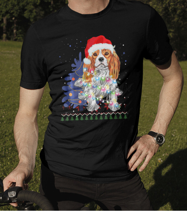 Santa Hat Cocker Spaniel With Christmas Lights And Tree T-Shirt
