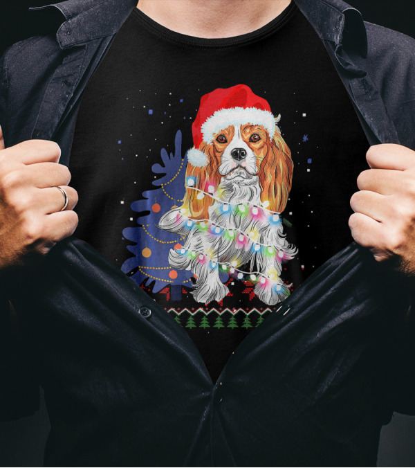 Santa Hat Cocker Spaniel With Christmas Lights And Tree T-Shirt