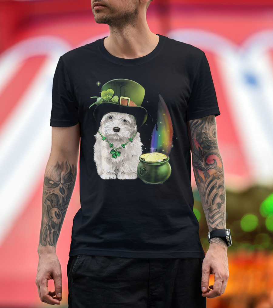 Leprechaun Hat Maltese with Clover Necklace and Pot of Gold Rainbow T-Shirt