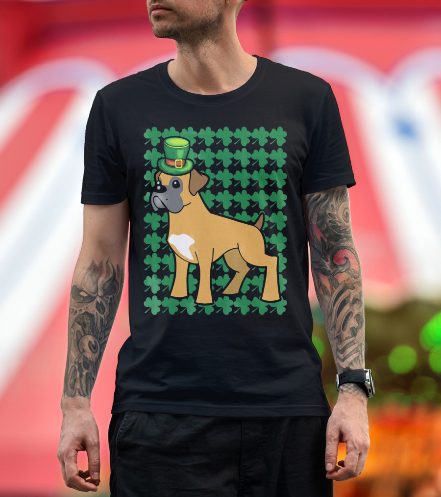 Leprechaun Hat Boxer Dog with Clover Background for St Patrick's Day T-Shirt