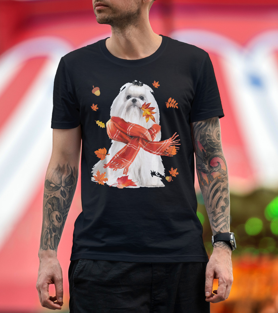 Cute Maltese Dog with Autumn Leaves and Scarf T-Shirt