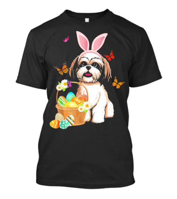 Shih Tzu Bunny Rabbit Hat With Easter Eggs And Butterflies T-Shirt