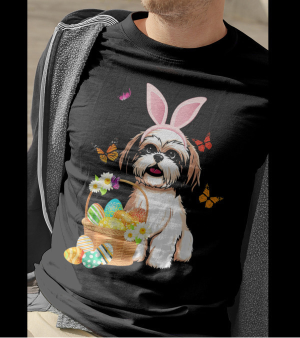 Shih Tzu Bunny Rabbit Hat With Easter Eggs And Butterflies T-Shirt