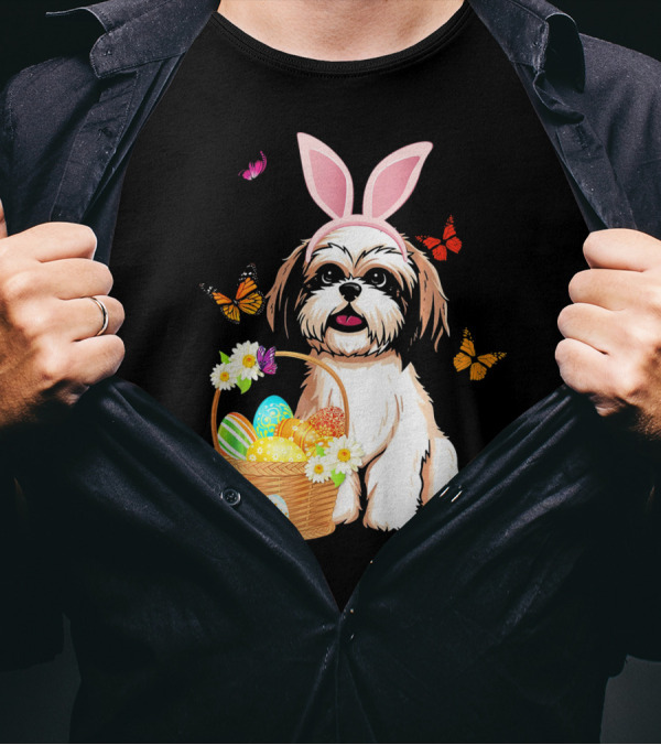 Shih Tzu Bunny Rabbit Hat With Easter Eggs And Butterflies T-Shirt
