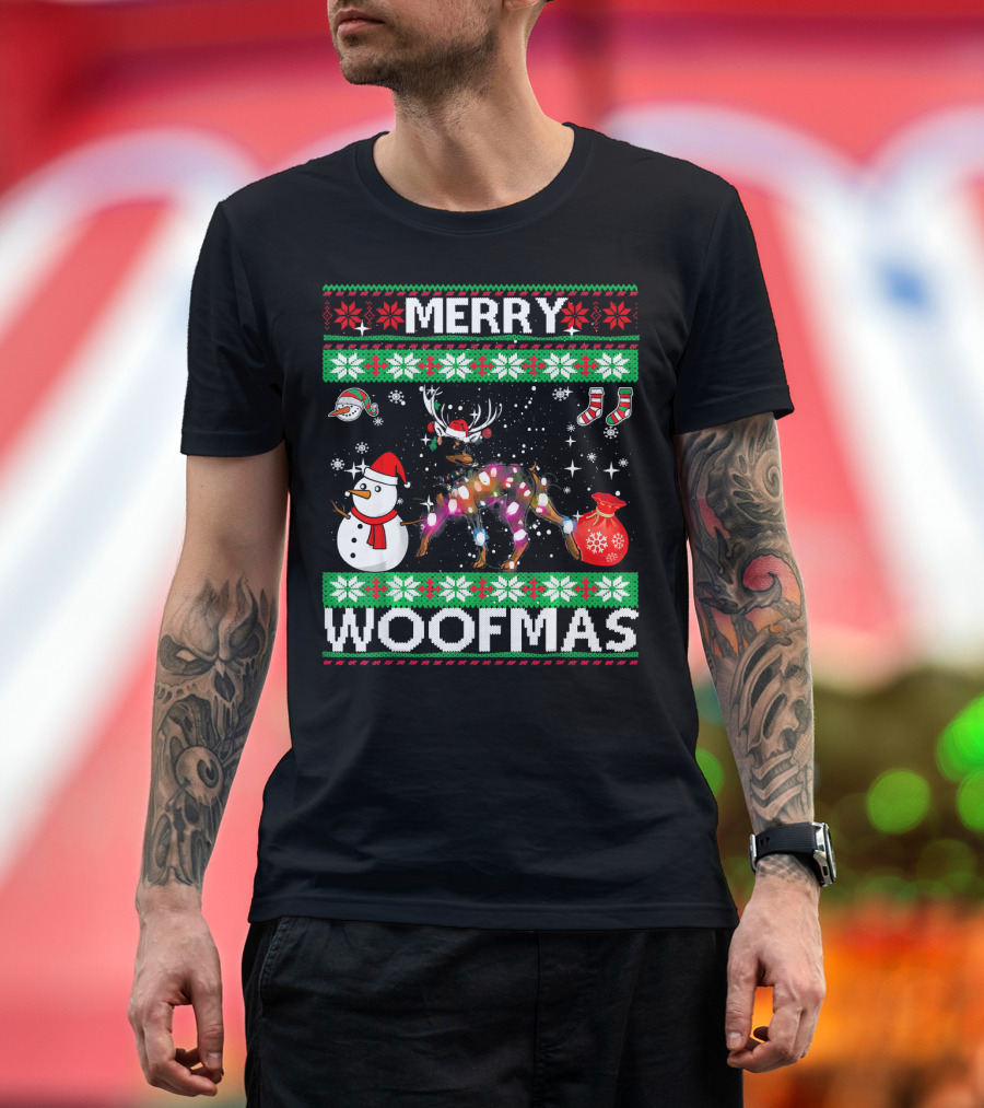 Merry Woofmas Doberman Pinscher Christmas Lights Snowman Reindeer Socks T-Shirt