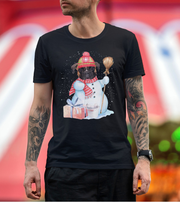 Premium T-Shirt: Boxer Snowman Christmas Dog with Broom and Gift in Snowy Night T-Shirt Boxer Snowman Christmas Dog with Broom and Gift in Snowy Night T-Shirt