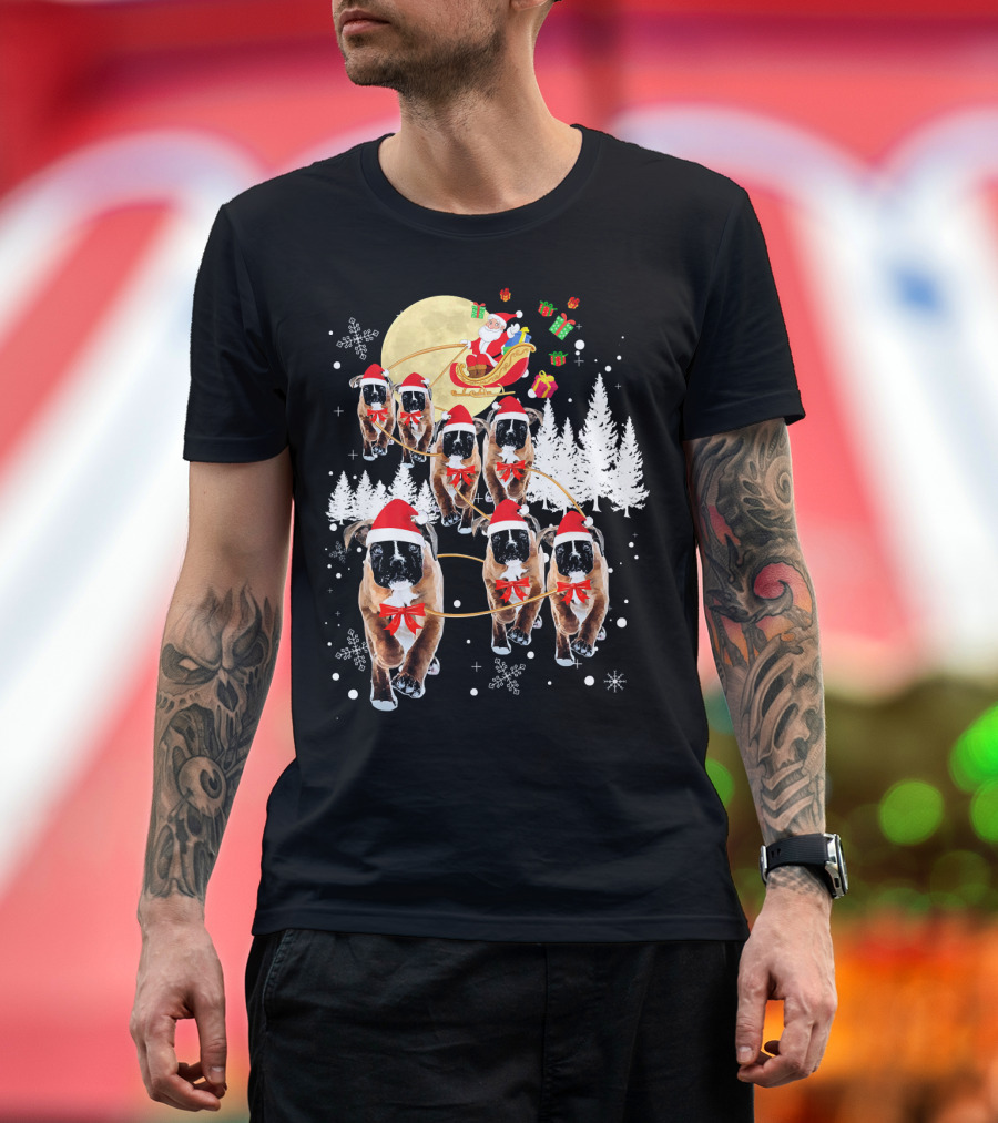 Boxer Dogs in Santa Hats Pulling Sleigh with Santa on Moonlit Christmas Night T-Shirt